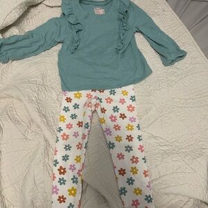 Cat & Jack Teal Blue 3T Girls Outfit Set with Ruffle and Flower Details